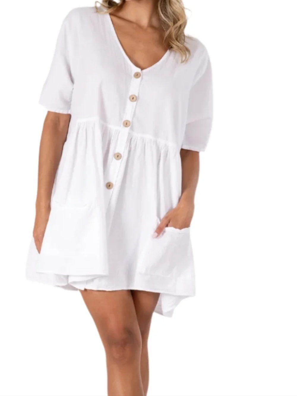 SeaSpice Resort Wear Button-Front V-Neck Pocket Mini Dress White Pima Cotton XL